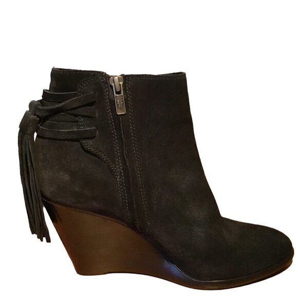 Nwt - FRYE - CeCe Tassel Lace Black Suede Stacked Wedge Heel Booties - Size 7.5M - Picture 5 of 13